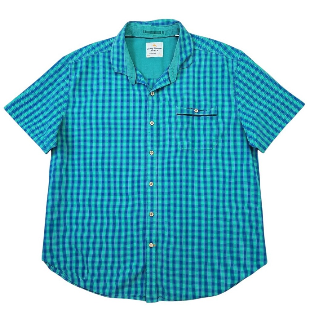 Tommy Bahama Jeans Shirt Mens XL Teal Blue Plaid Cotton Tencel Short Sleeve S/S